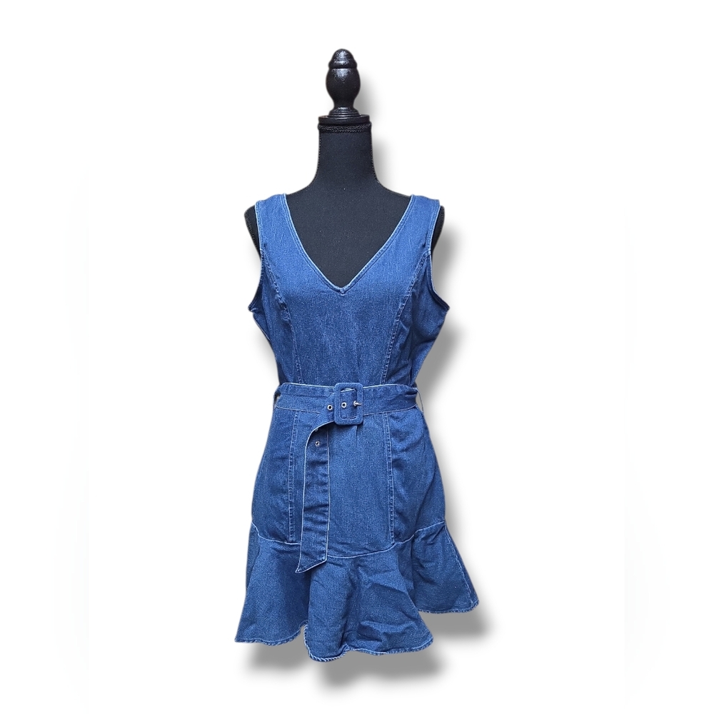 Blue Denim Sleeveless Dress with Belt
